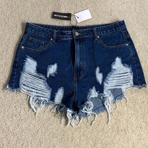 PrettyLittleThing Dark Blue Ripped Jean Shorts